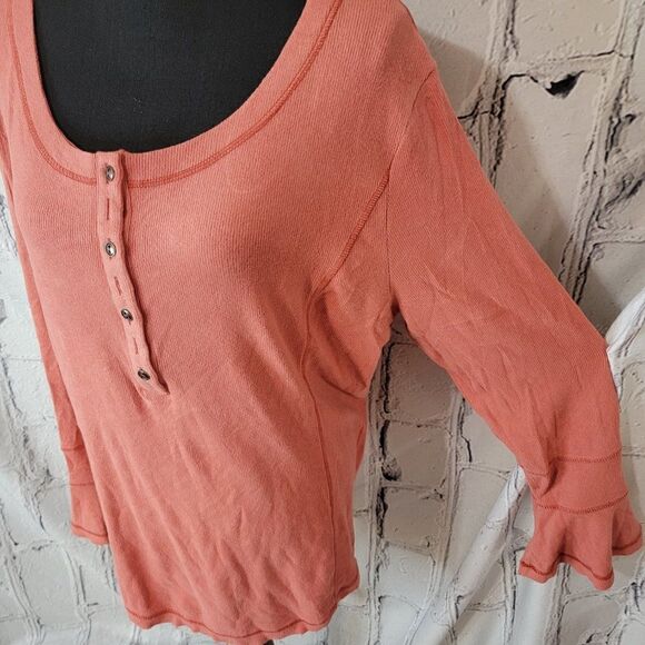 PEACH Button Rounded Hem Long Flare Sleeve Stretch Soft Ribbed Scoop Neck 3X NWT - Picture 2 of 7